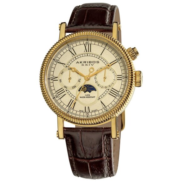 Akribos XXIV Ultimate Multi-Function Swiss Quartz Brown Leather Strap Watch - Picture 1 of 1